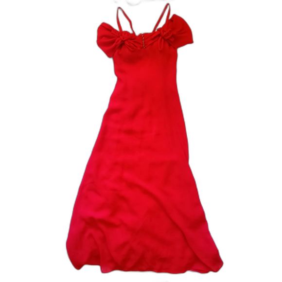 Tim's Paris 90s Red Formal Sheer Holiday Party Rhinestones Flowers Dress Small - Picture 1 of 11